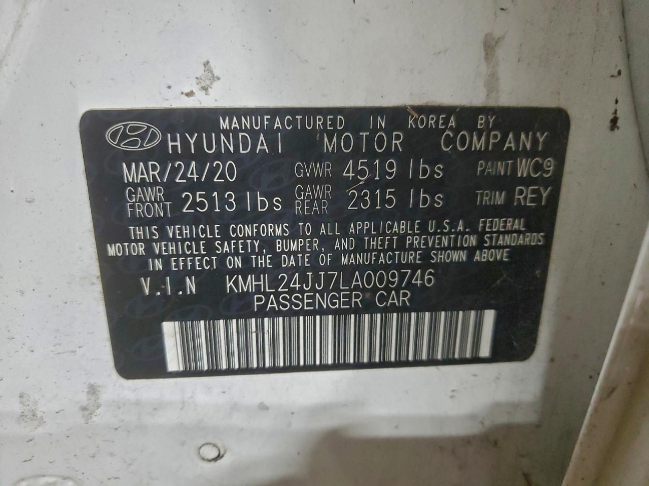 2020 Hyundai Sonata Hybrid VIN: KMHL24JJ7LA009746 Lot: 95266615