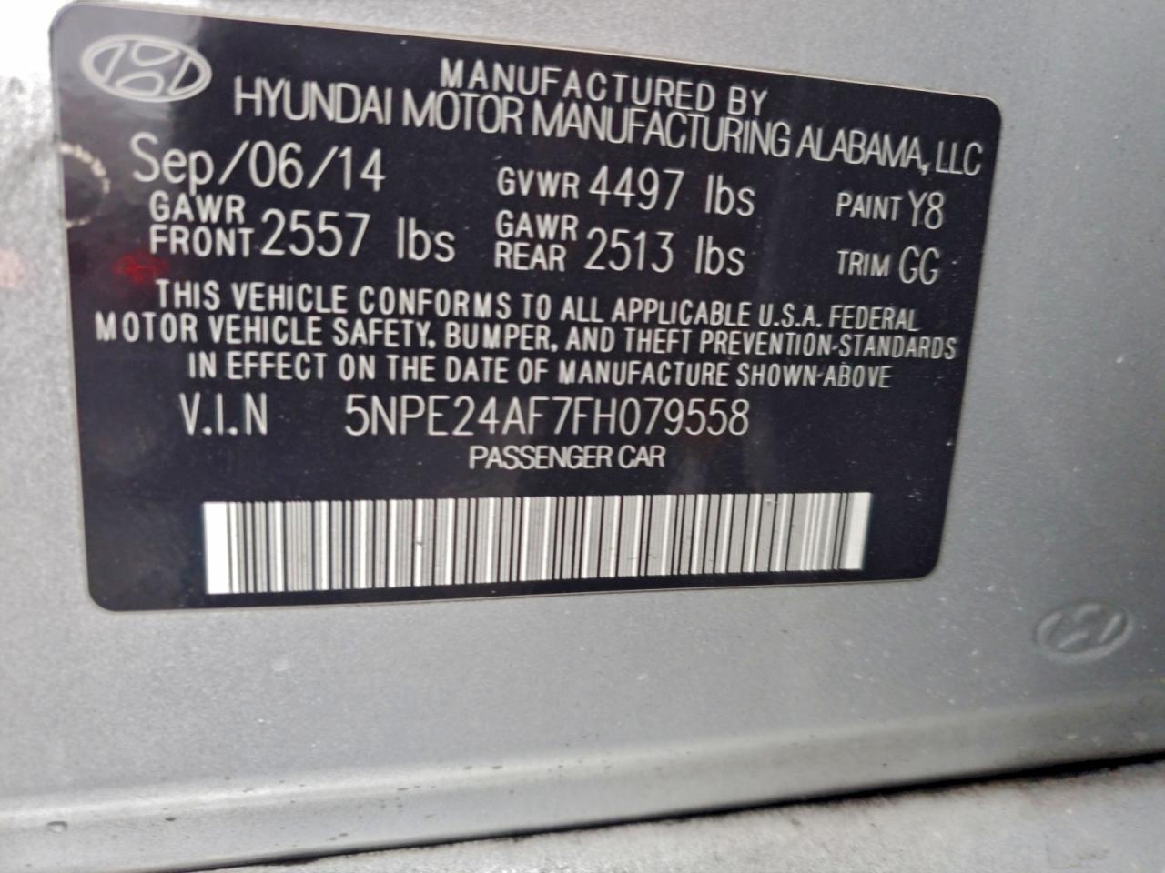 2015 Hyundai Sonata Se VIN: 5NPE24AF7FH079558 Lot: 95178205