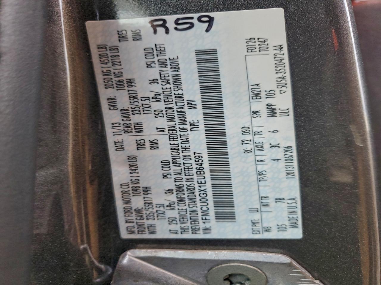 2014 Ford Escape Se VIN: 1FMCU0GX1EUB64597 Lot: 96720965