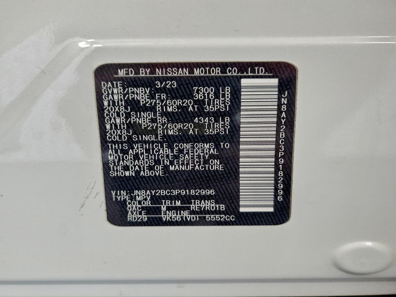 2023 Nissan Armada Sl VIN: JN8AY2BC3P9182996 Lot: 95759255