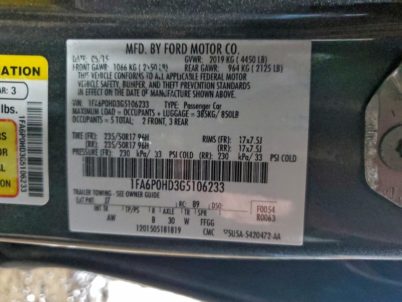 2016 Ford Fusion Se VIN: 1FA6P0HD3G5106233 Lot: 95335785