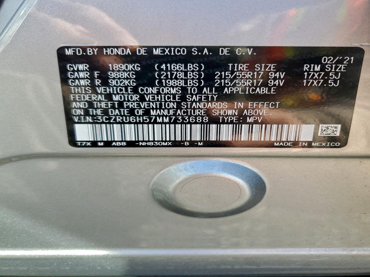 2021 Honda Hr-V Ex VIN: 3CZRU6H57MM733688 Lot: 93878945