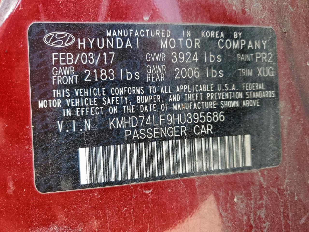 2017 Hyundai Elantra Se VIN: KMHD74LF9HU395686 Lot: 95660785