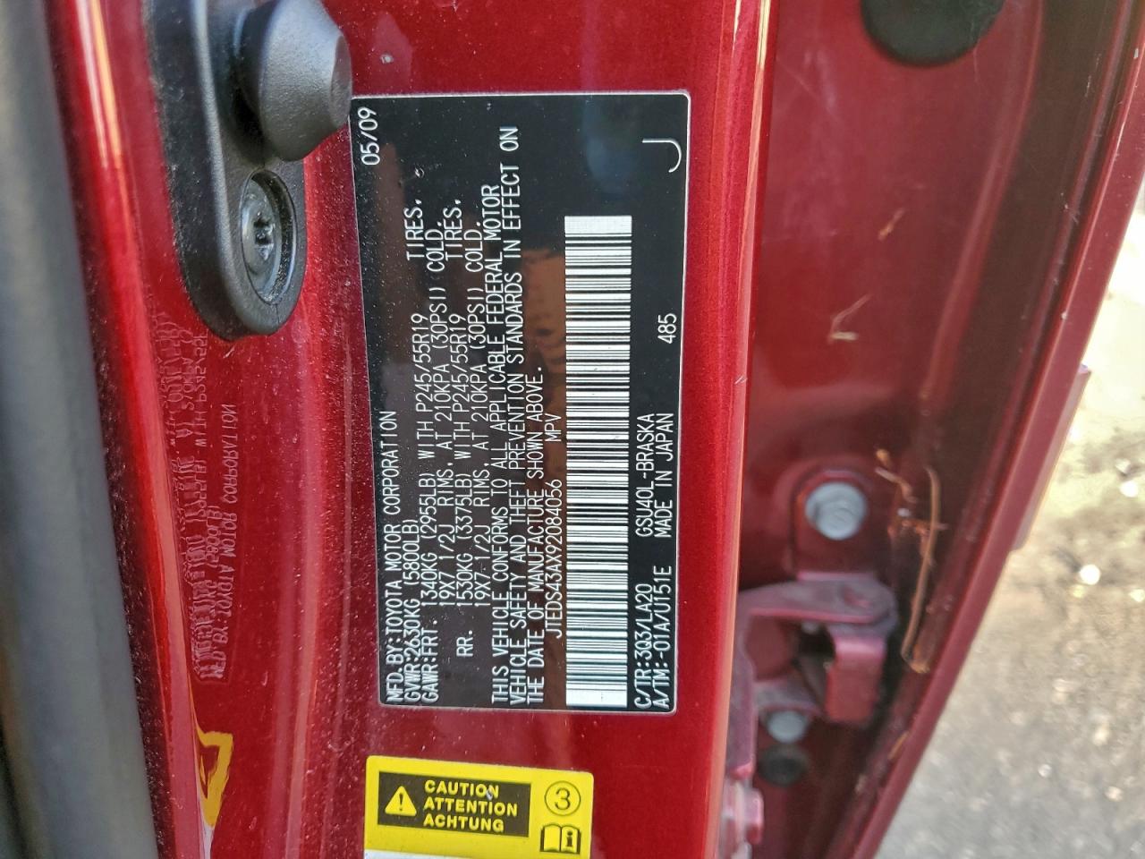 2009 Toyota Highlander Sport VIN: JTEDS43AX92084056 Lot: 95622795