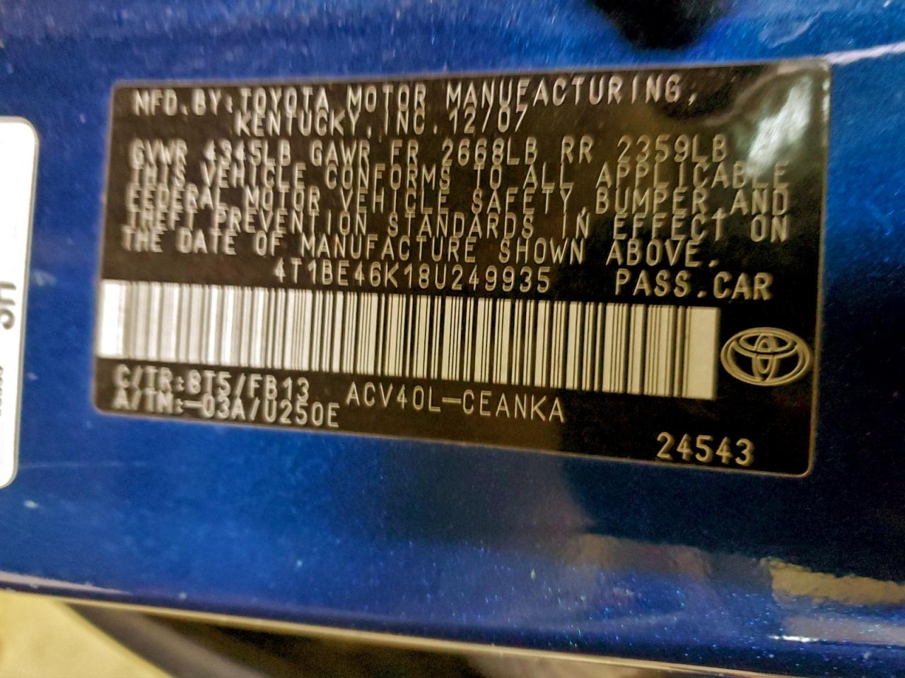 2008 Toyota Camry Ce VIN: 4T1BE46K18U249935 Lot: 96232035