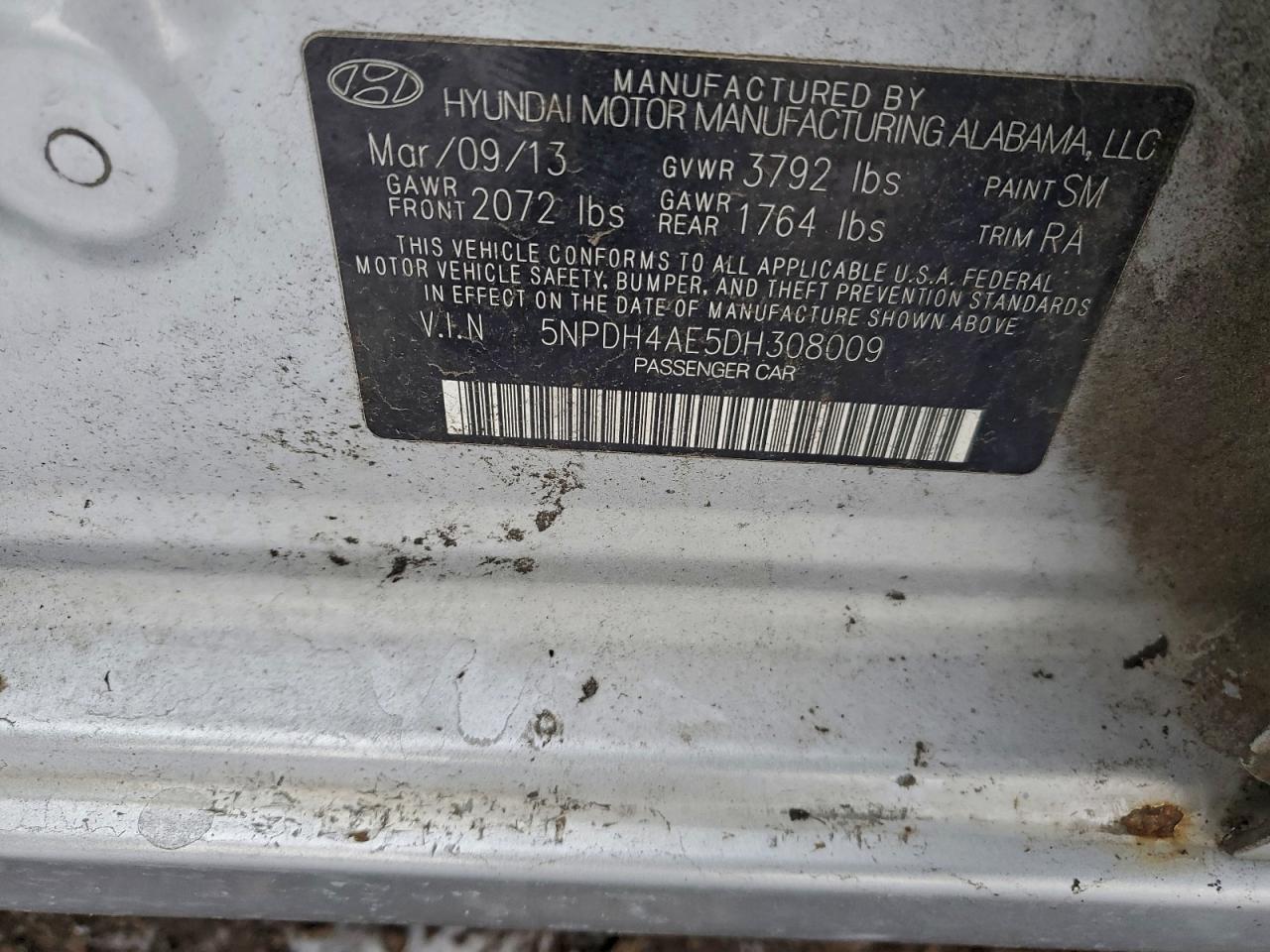 2013 Hyundai Elantra Gls VIN: 5NPDH4AE5DH308009 Lot: 96953475