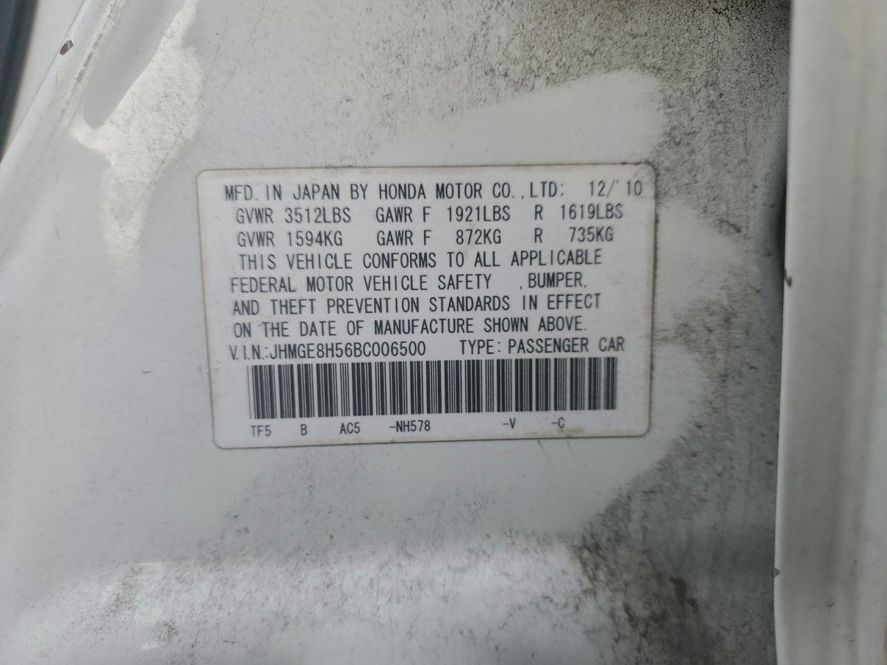 2011 Honda Fit Sport VIN: JHMGE8H56BC006500 Lot: 95566425