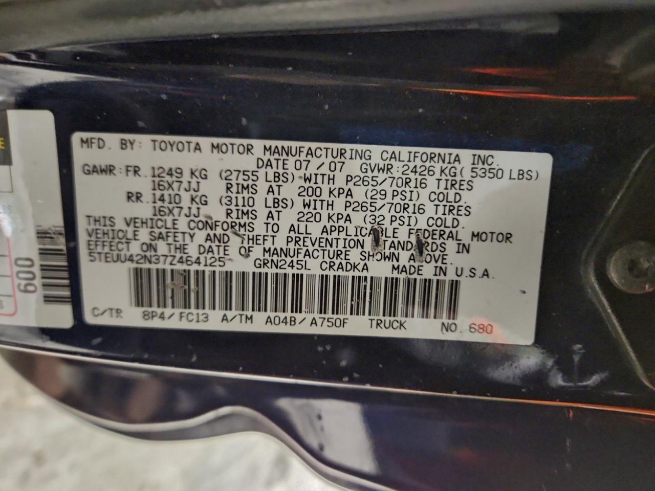 2007 Toyota Tacoma Access Cab VIN: 5TEUU42N37Z464125 Lot: 94060275