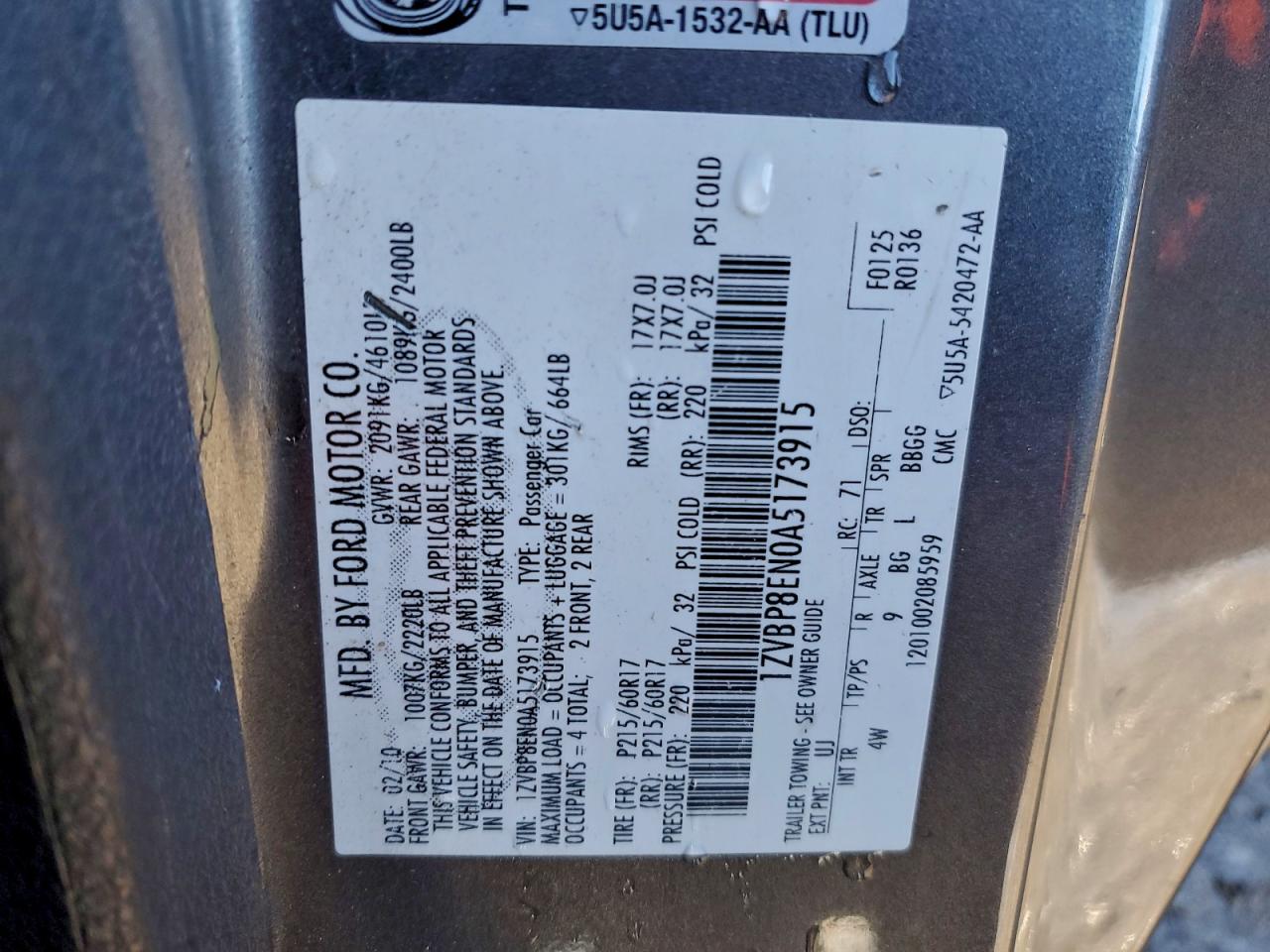 2010 Ford Mustang VIN: 1ZVBP8EN0A5173915 Lot: 95241225