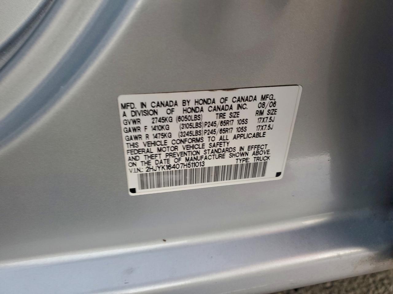 2007 Honda Ridgeline Rts VIN: 2HJYK16407H511013 Lot: 94943485