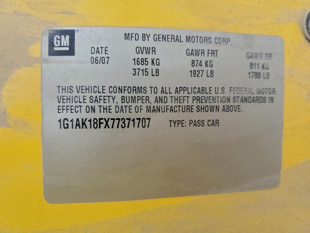 2007 Chevrolet Cobalt Ls VIN: 1G1AK18FX77371707 Lot: 95476875