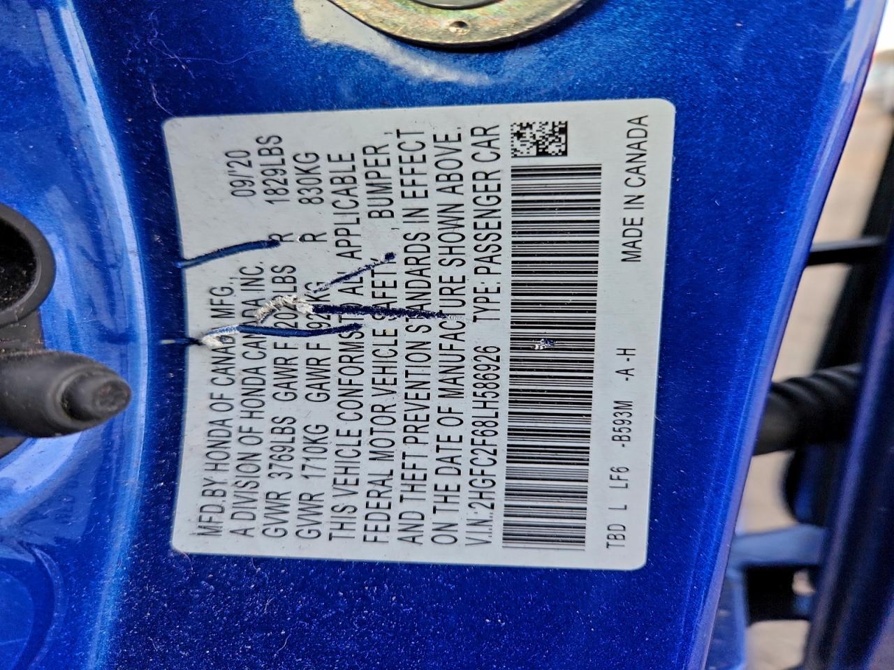 2020 Honda Civic Lx VIN: 2HGFC2F68LH586926 Lot: 90324425