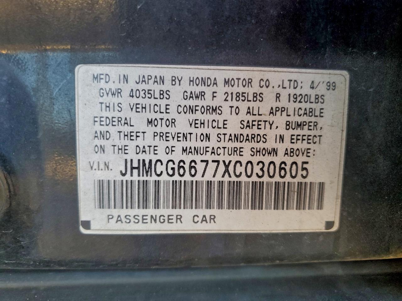 1999 Honda Accord Ex VIN: JHMCG6677XC030605 Lot: 96176315