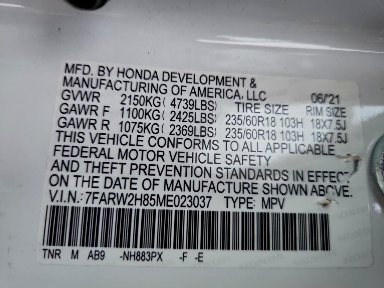 2021 Honda Cr-V Exl VIN: 7FARW2H85ME023037 Lot: 95394525