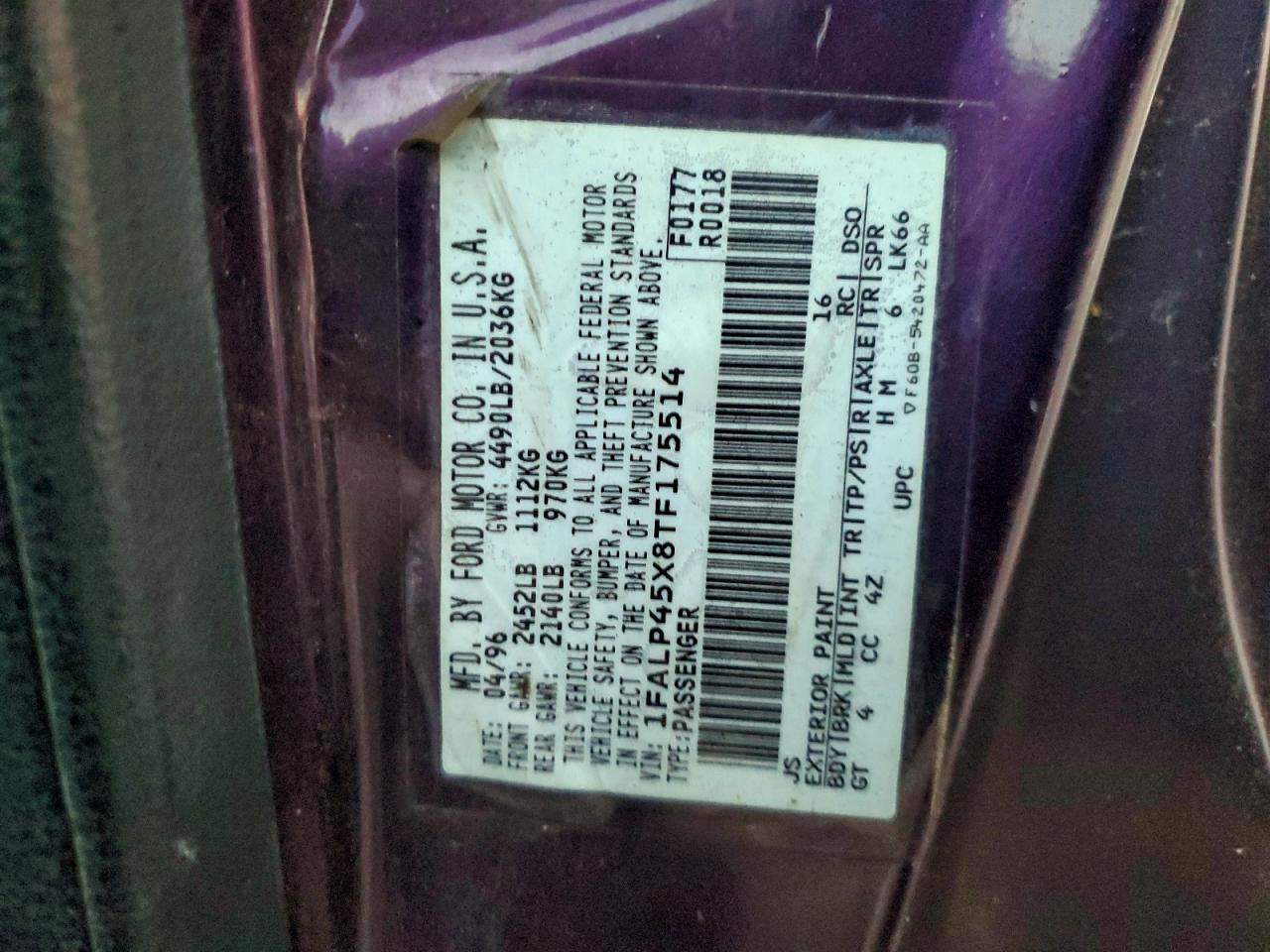 1996 Ford Mustang Gt VIN: 1FALP45X8TF175514 Lot: 97001525