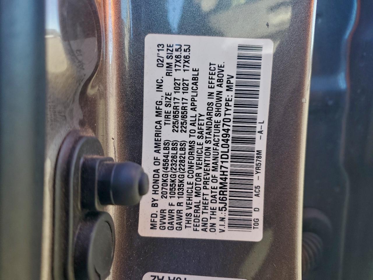 2013 Honda Cr-V Exl VIN: 5J6RM4H71DL049470 Lot: 95031855