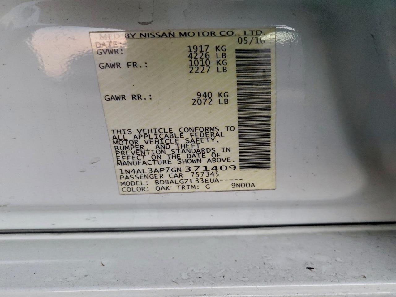 2016 Nissan Altima 2.5 VIN: 1N4AL3AP7GN371409 Lot: 94638885