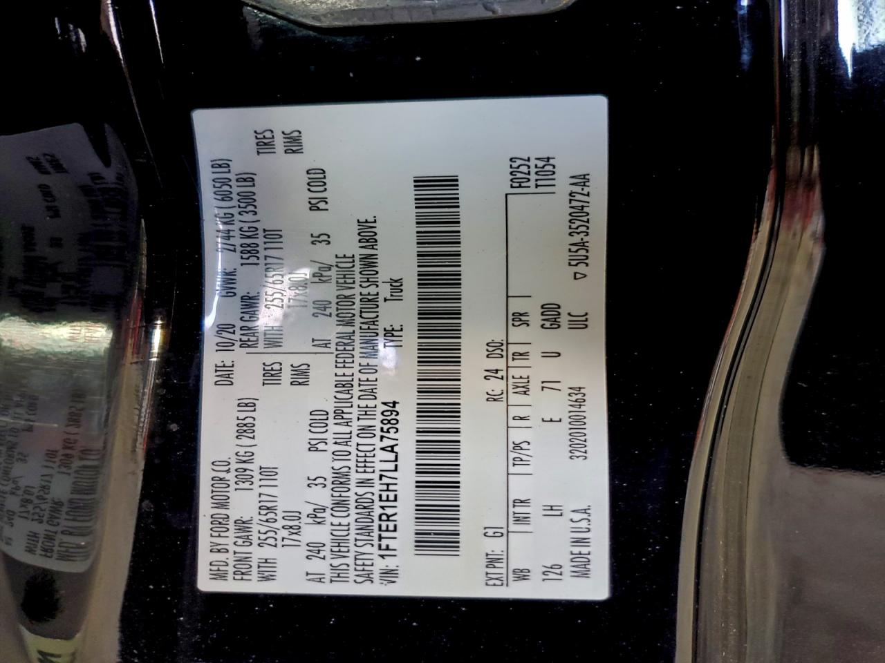 2020 Ford Ranger Xl VIN: 1FTER1EH7LLA75894 Lot: 94424955