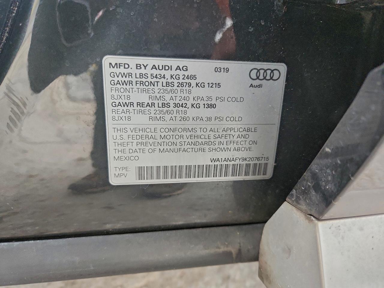 2019 Audi Q5 Premium VIN: WA1ANAFY9K2076715 Lot: 95145225