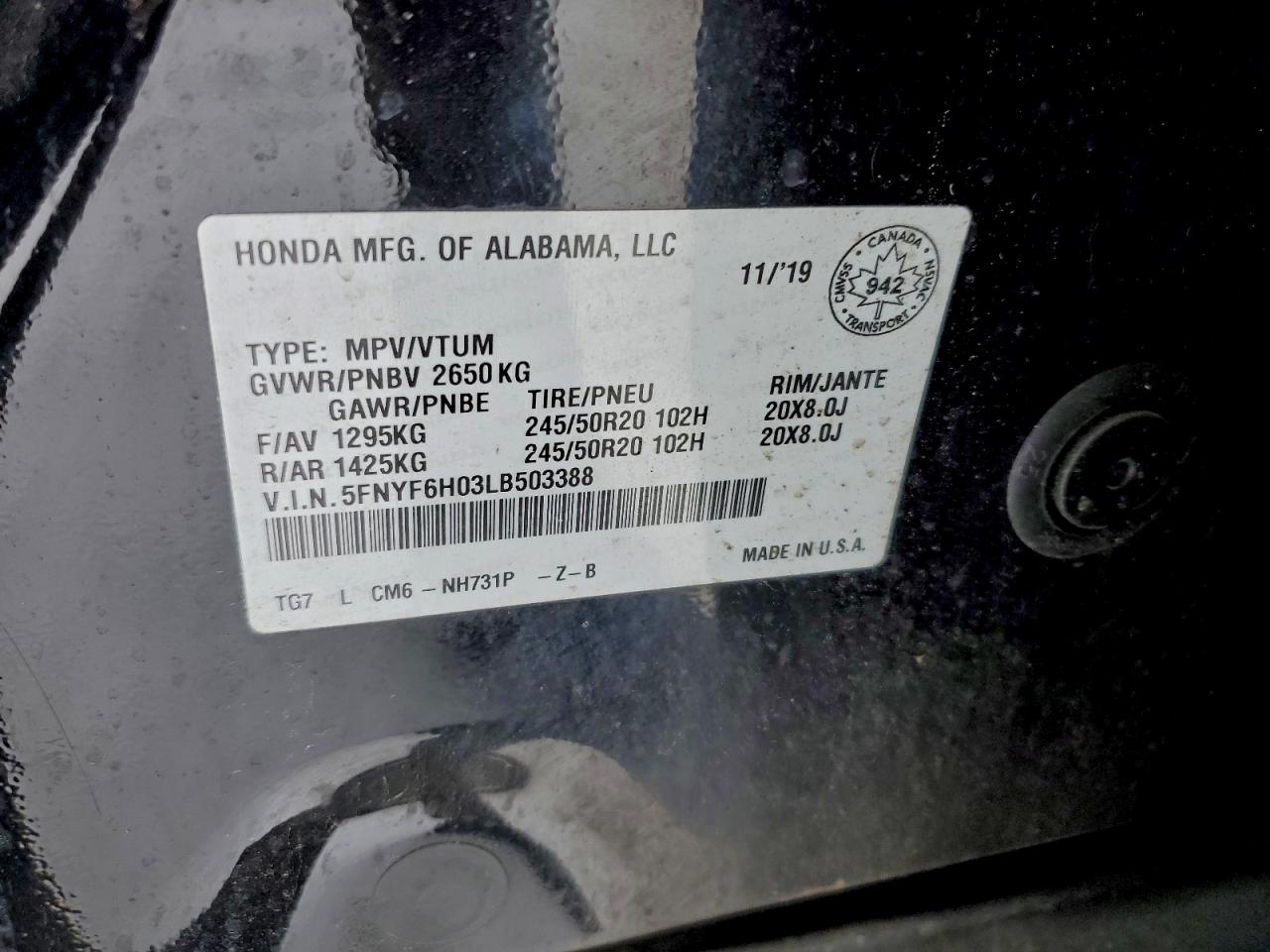 2020 Honda Pilot Elite VIN: 5FNYF6H03LB503388 Lot: 95925515