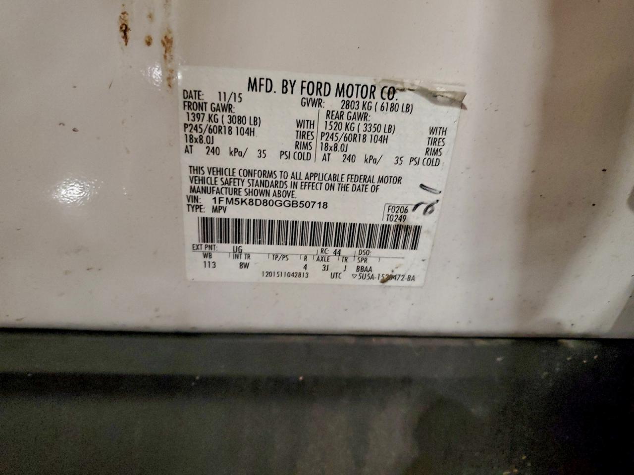 2016 Ford Explorer Xlt VIN: 1FM5K8D80GGB50718 Lot: 95941725