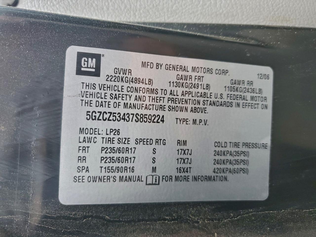 2007 Saturn Vue VIN: 5GZCZ53437S859224 Lot: 95015945