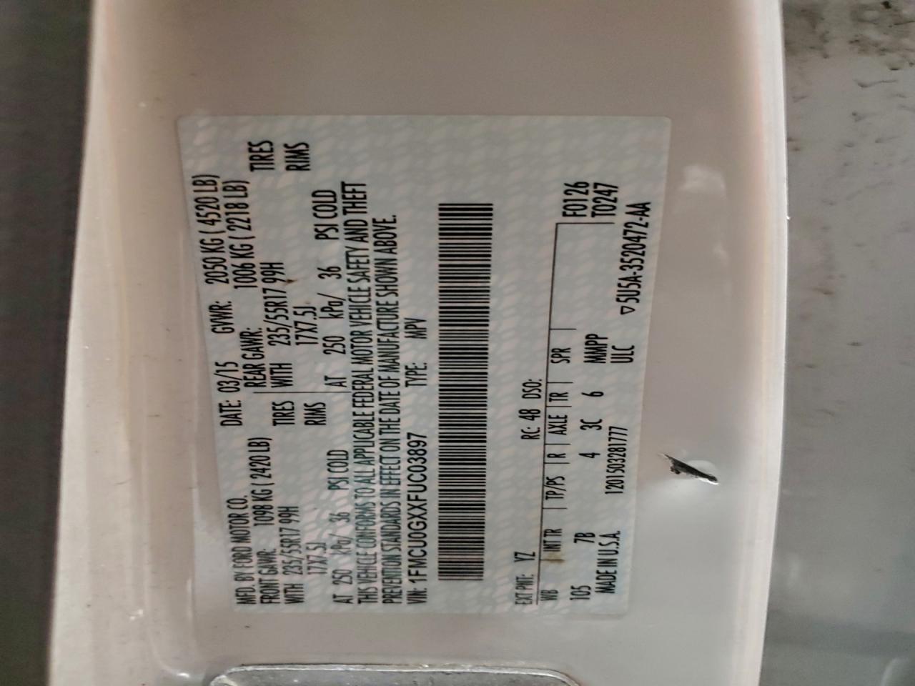 2015 Ford Escape Se VIN: 1FMCU0GXXFUC03897 Lot: 96045035