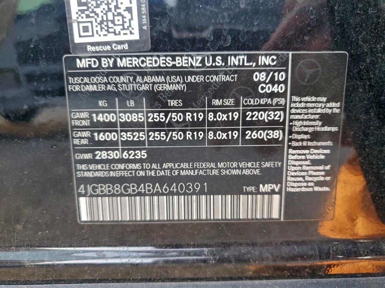 2011 Mercedes-Benz Ml 350 4Matic VIN: 4JGBB8GB4BA640391 Lot: 94026565