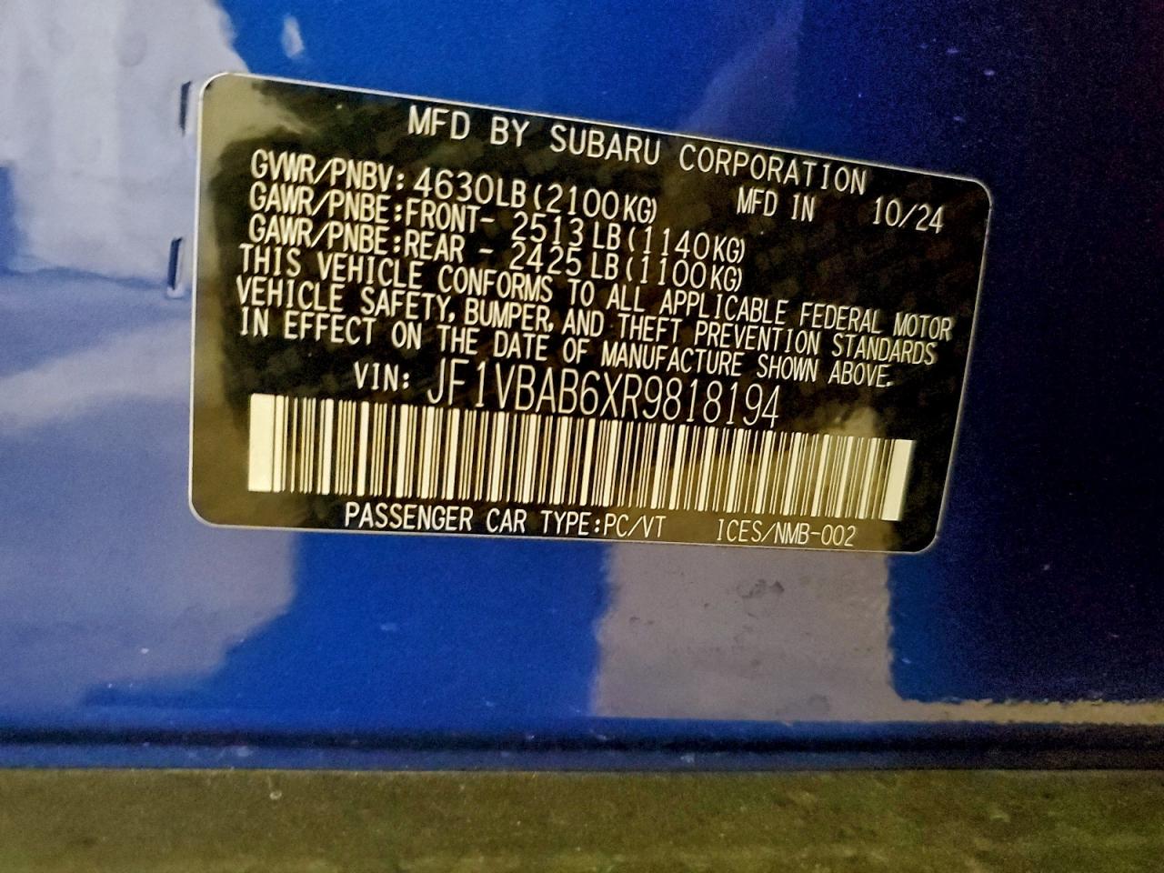 2024 Subaru Wrx VIN: JF1VBAB6XR9818194 Lot: 93633685