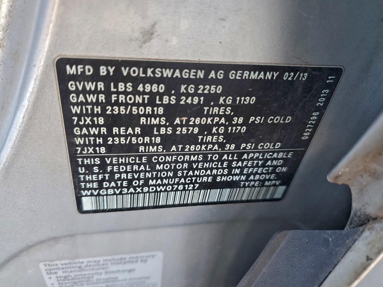 2013 Volkswagen Tiguan S VIN: WVGBV3AX9DW076127 Lot: 95407465