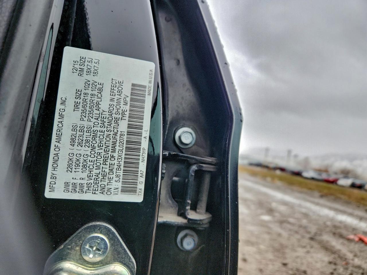 2016 Acura Rdx VIN: 5J8TB4H3XGL020781 Lot: 95319215