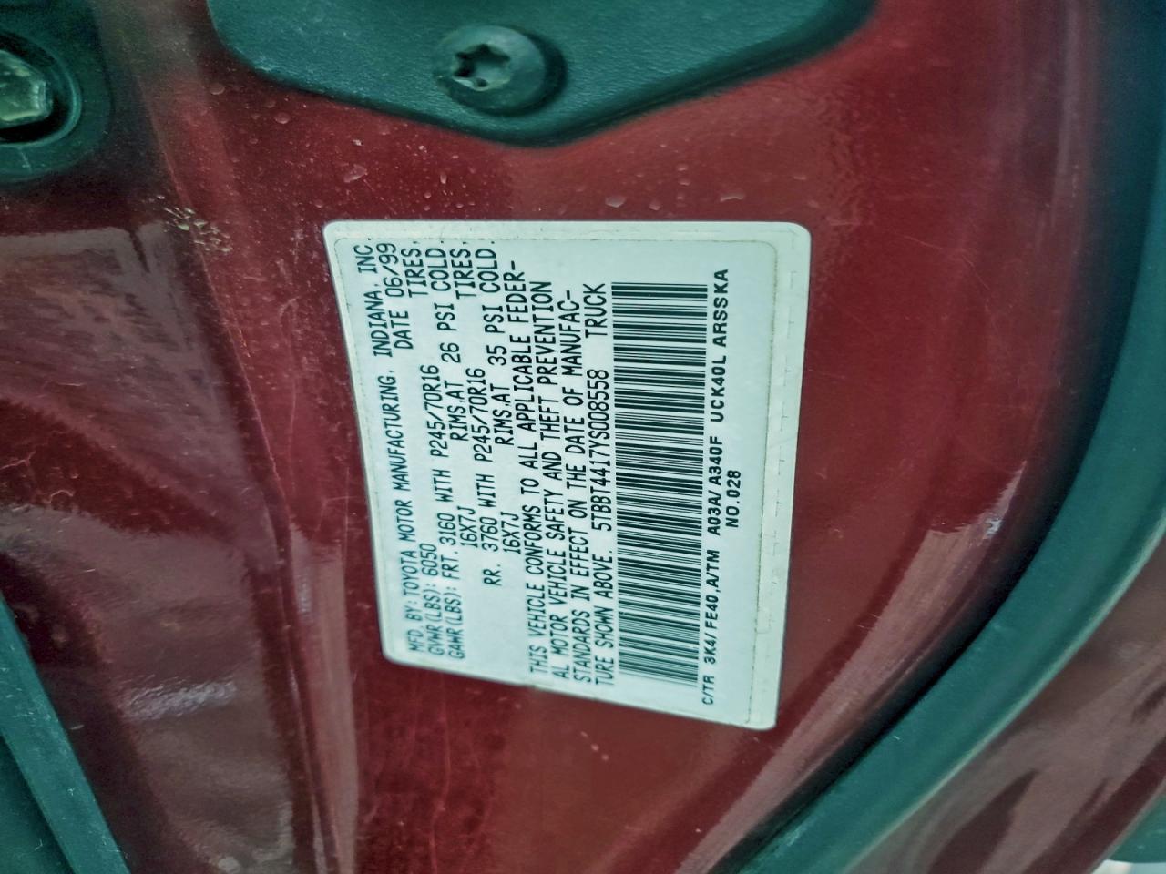 2000 Toyota Tundra Access Cab VIN: 5TBBT4417YS008558 Lot: 96093025