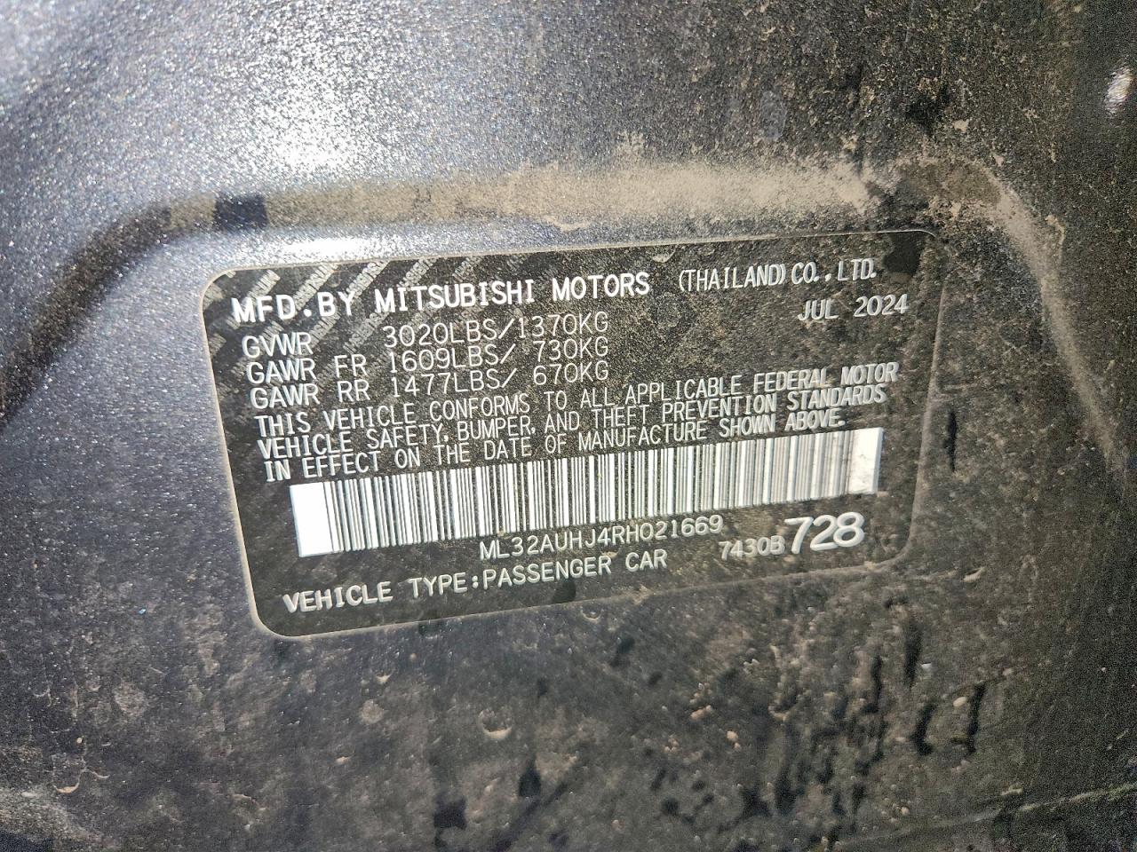 2024 Mitsubishi Mirage Es VIN: ML32AUHJ4RH021669 Lot: 96587645