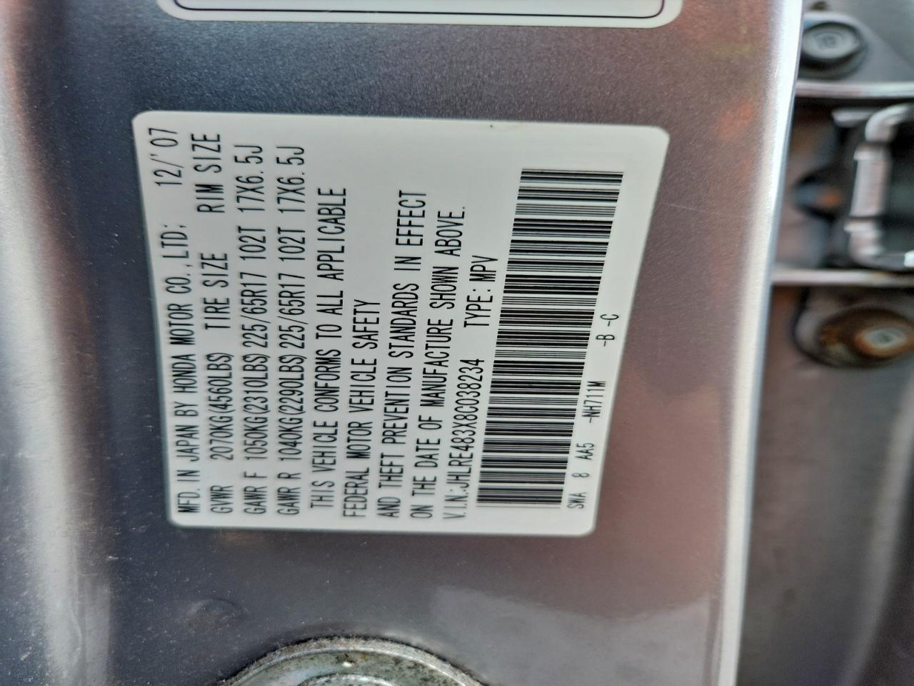 2008 Honda Cr-V Lx VIN: JHLRE483X8C038234 Lot: 95989675