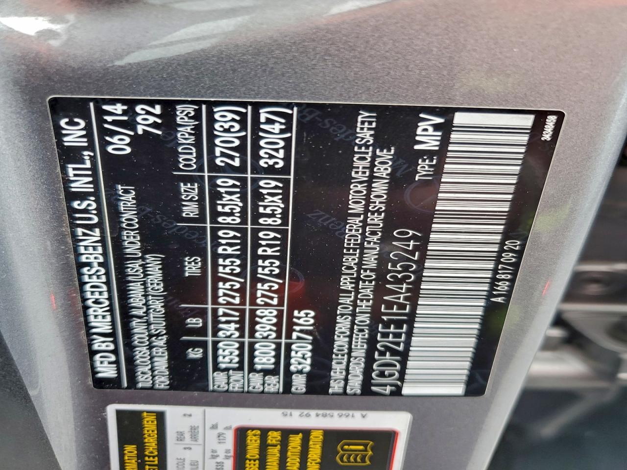 2014 Mercedes-Benz Gl 350 Bluetec VIN: 4JGDF2EE1EA435249 Lot: 95130215