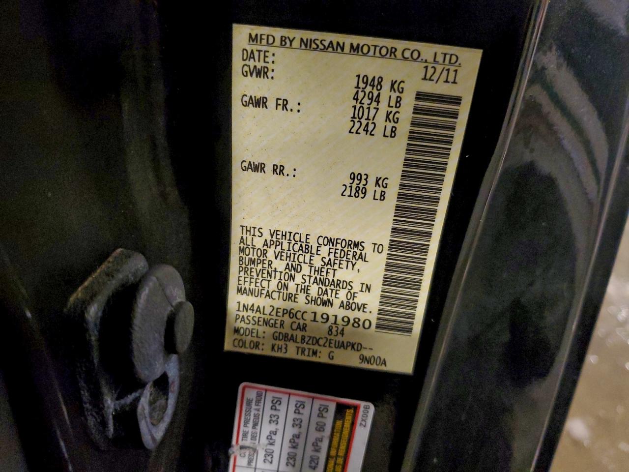 2012 Nissan Altima S VIN: 1N4AL2EP6CC191980 Lot: 94975045