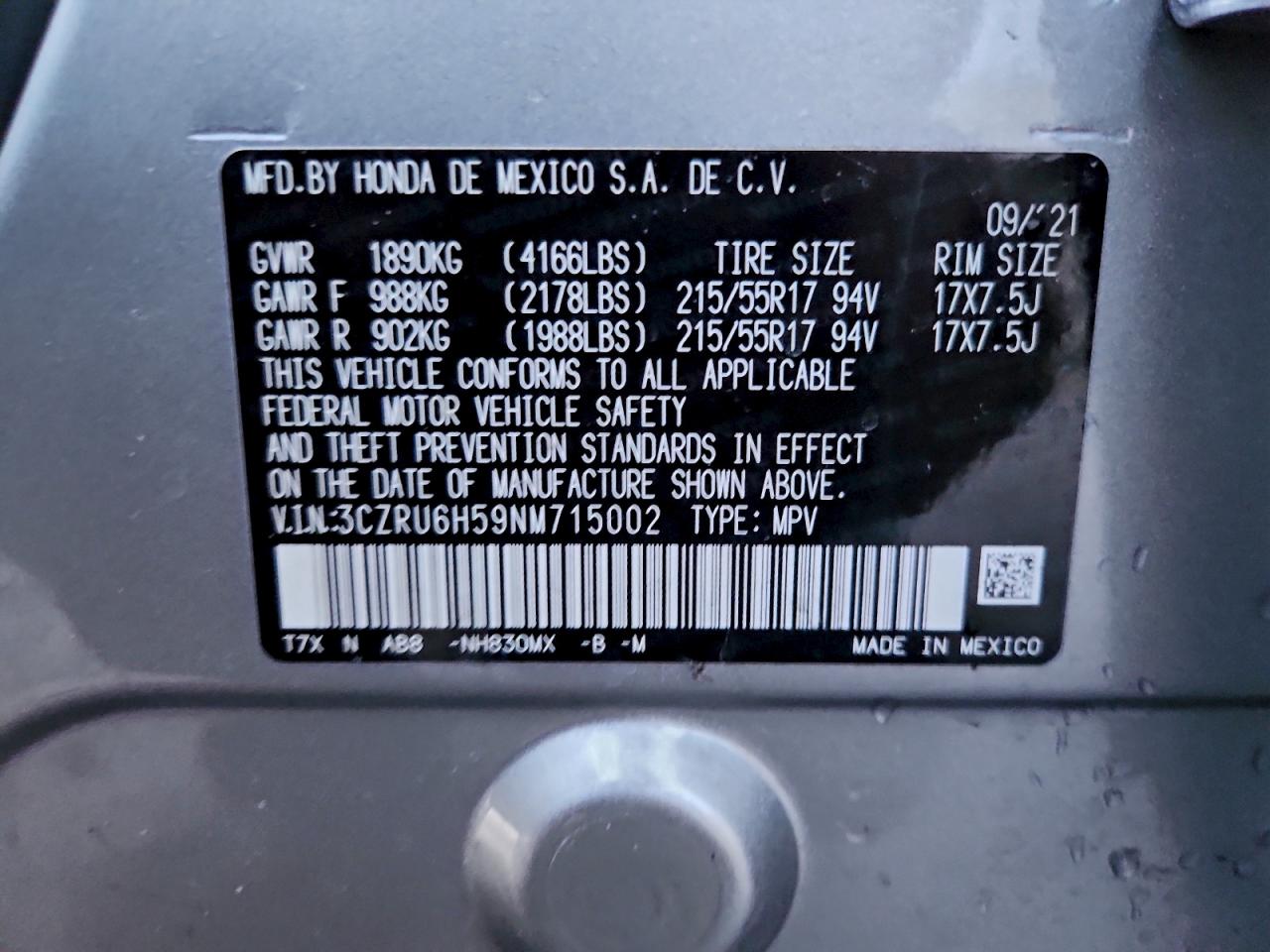 2022 Honda Hr-V Ex VIN: 3CZRU6H59NM715002 Lot: 96929595