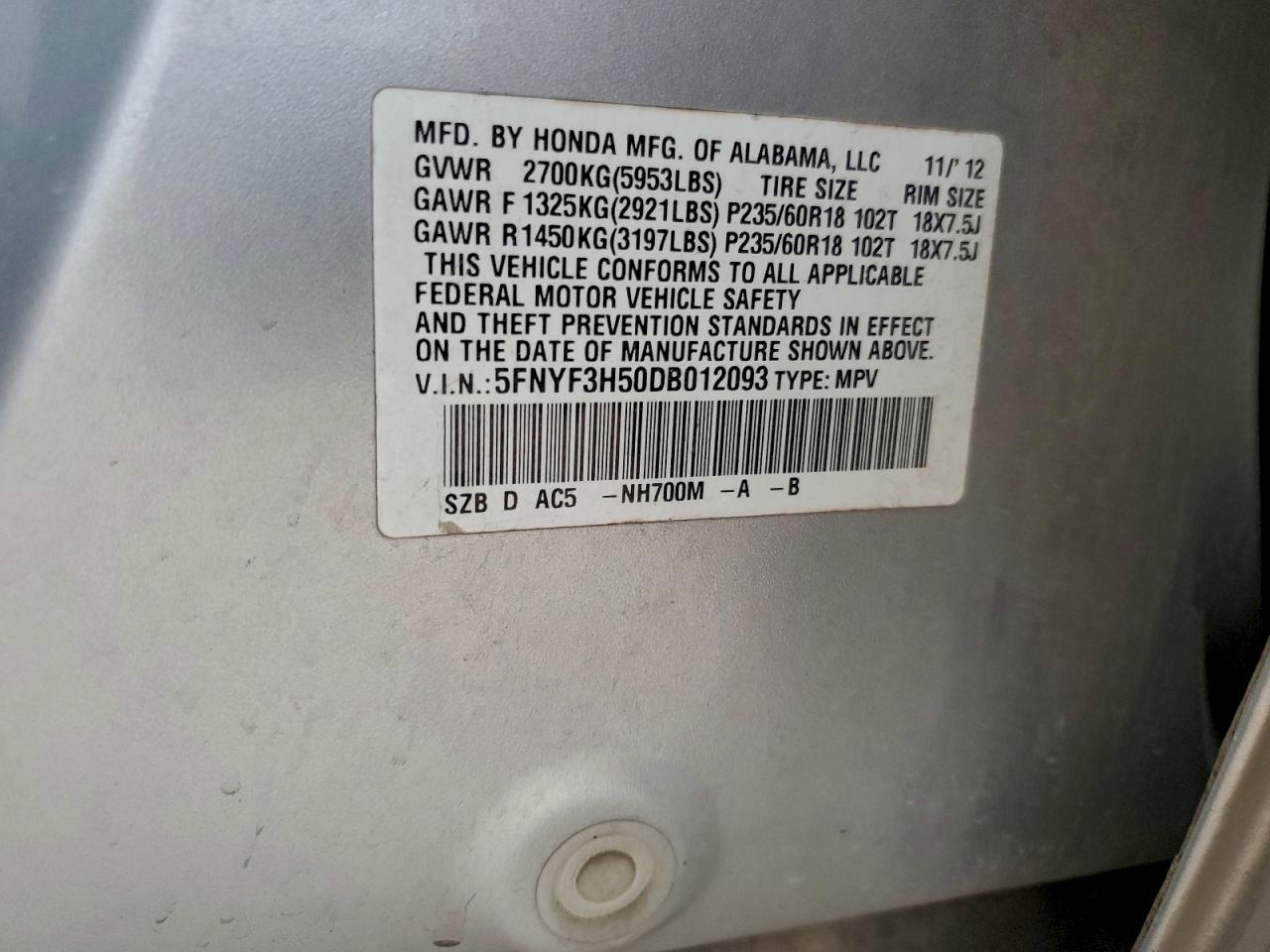 2013 Honda Pilot Exl VIN: 5FNYF3H50DB012093 Lot: 95551095