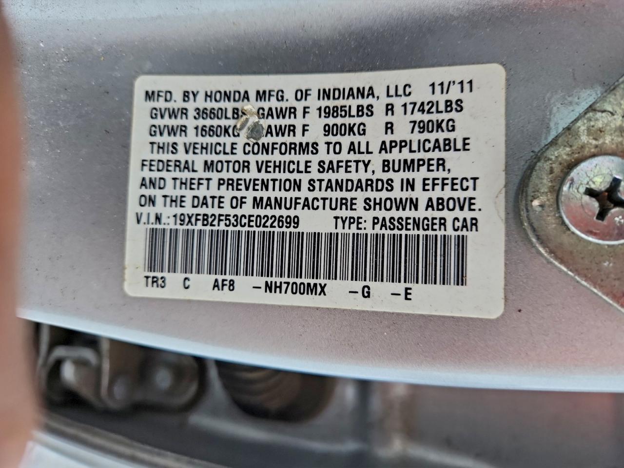 2012 Honda Civic Lx VIN: 19XFB2F53CE022699 Lot: 95919665