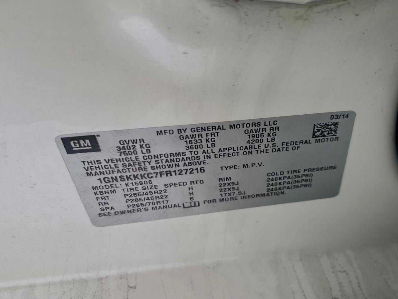 2015 Chevrolet Suburban K1500 Ltz VIN: 1GNSKKKC7FR127216 Lot: 94909575