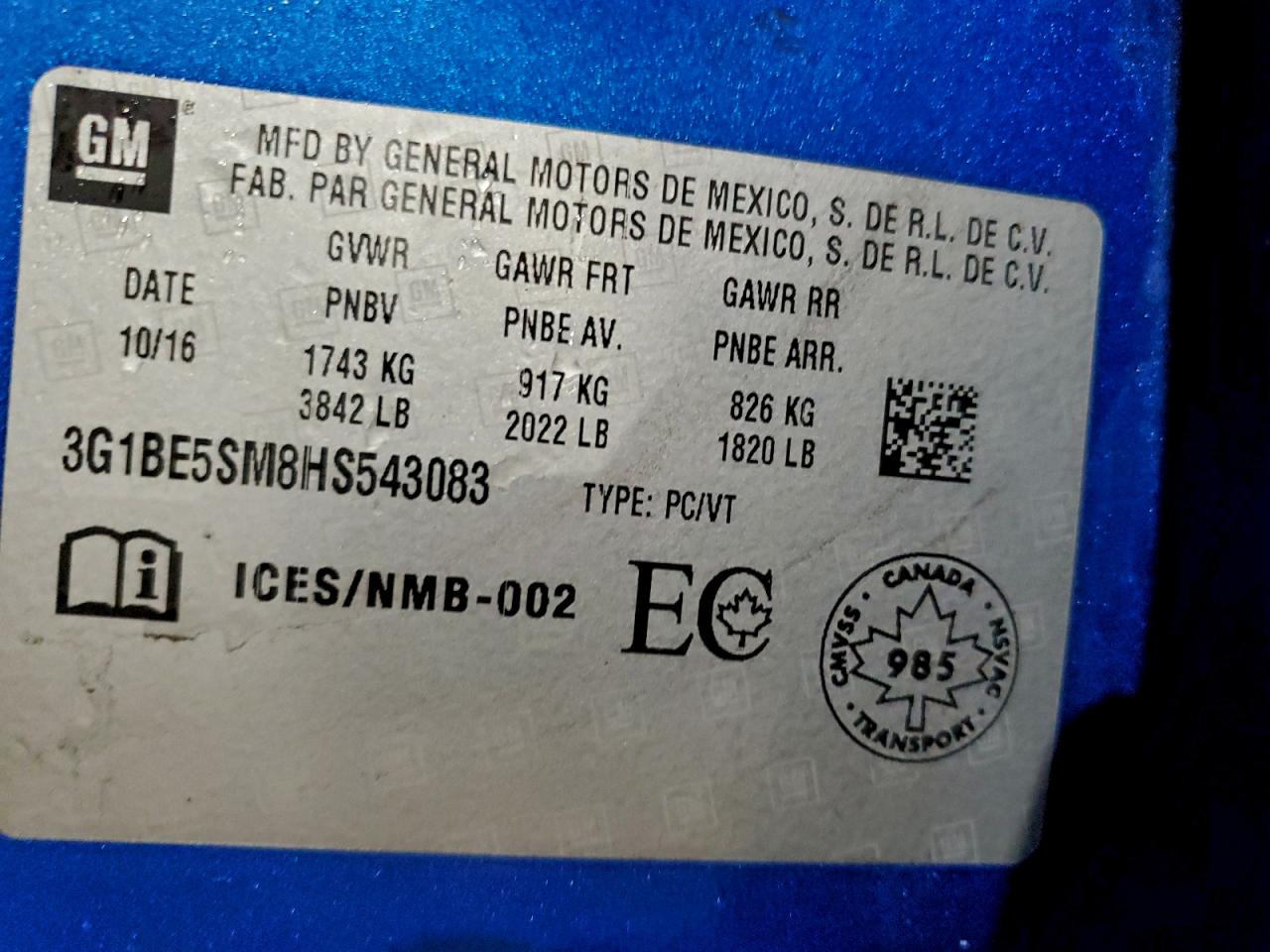 2017 Chevrolet Cruze Lt VIN: 3G1BE5SM8HS543083 Lot: 96474345