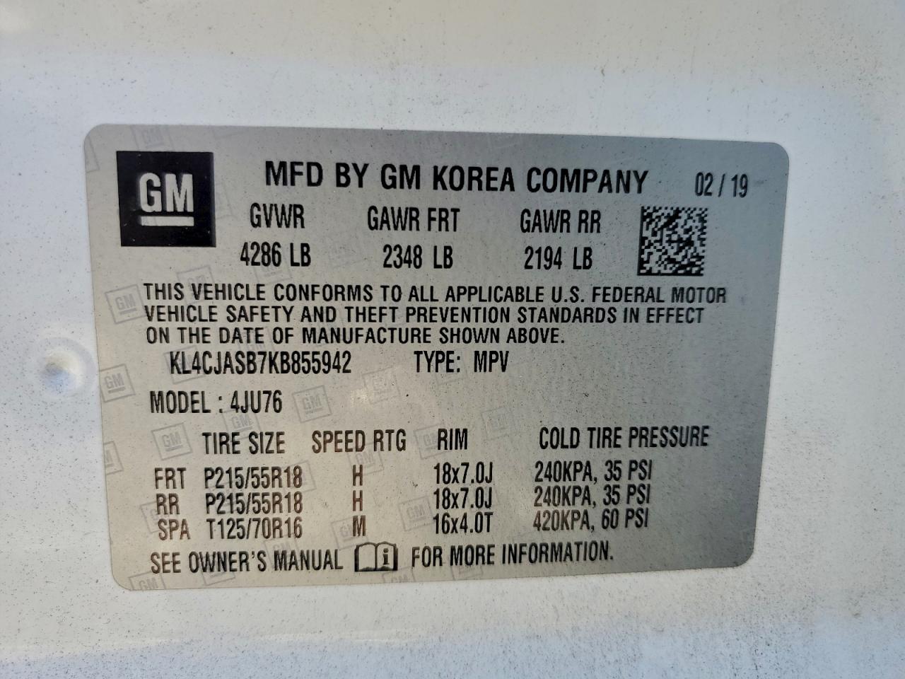 2019 Buick Encore Preferred VIN: KL4CJASB7KB855942 Lot: 94538855