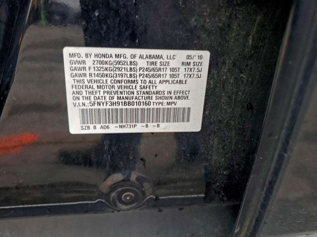 2011 Honda Pilot Touring VIN: 5FNYF3H91BB010160 Lot: 95767265