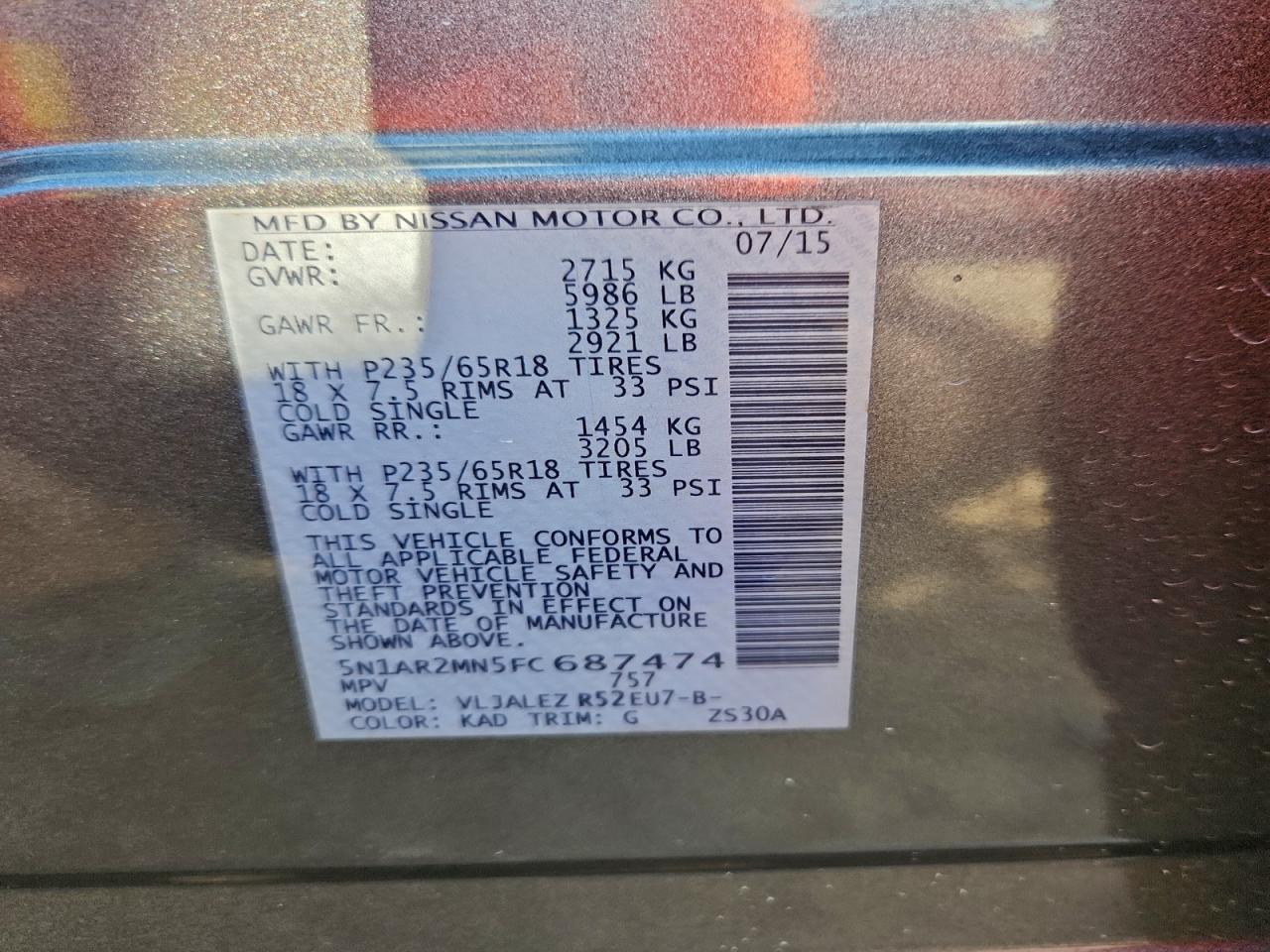 2015 Nissan Pathfinder S VIN: 5N1AR2MN5FC687474 Lot: 95116485