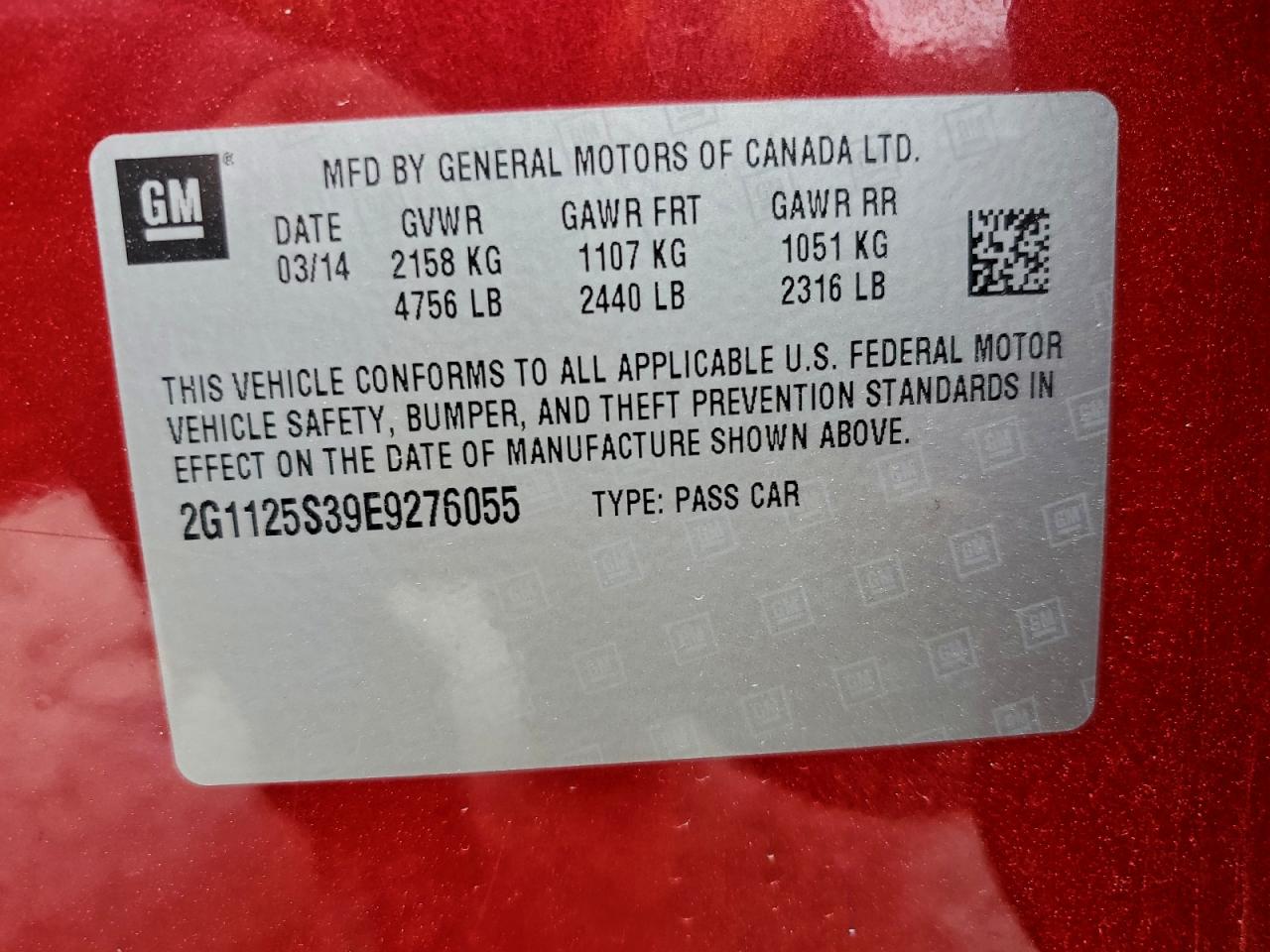 2014 Chevrolet Impala Lt VIN: 2G1125S39E9276055 Lot: 95983675