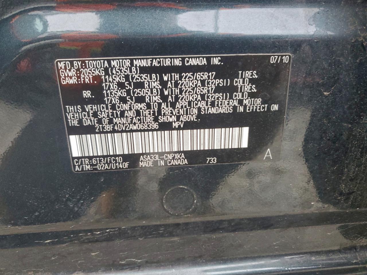 2010 Toyota Rav4 VIN: 2T3BF4DV2AW068396 Lot: 96176145