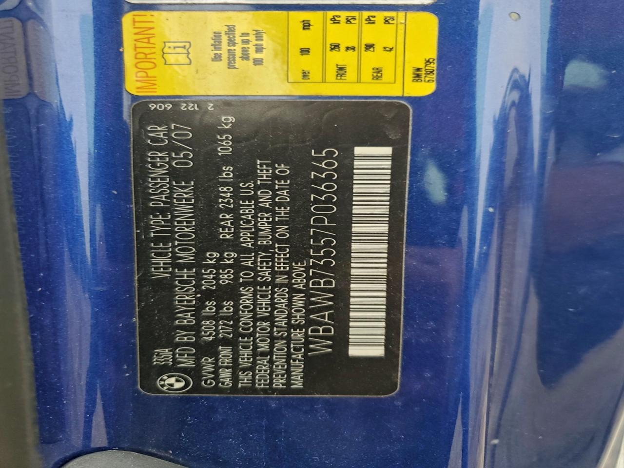 2007 BMW 335 I VIN: WBAWB73557P036365 Lot: 97052975