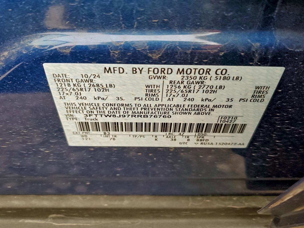 2024 Ford Maverick Xlt VIN: 3FTTW8J97RRB76760 Lot: 96089775