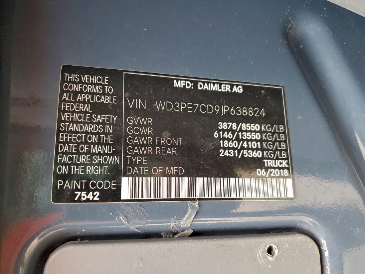 2018 Mercedes-Benz Sprinter 2500 VIN: WD3PE7CD9JP638824 Lot: 95132655