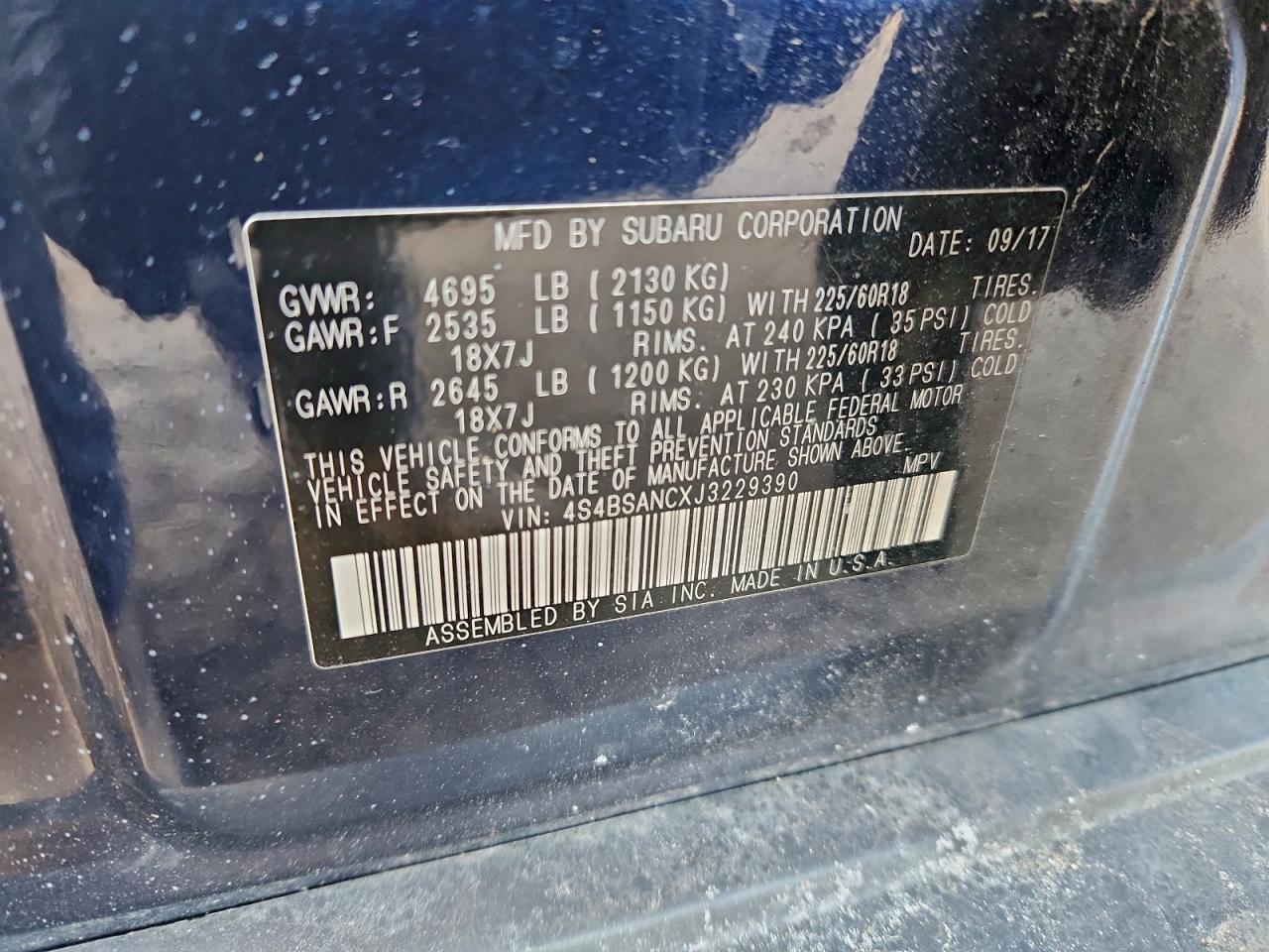 2018 Subaru Outback 2.5I Limited VIN: 4S4BSANCXJ3229390 Lot: 95484935